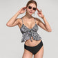 Ruffle Tankini Bikini Set with Tropical Leaf Print Bow Front Detail and Adjustable Straps for a Comfortable Fit
