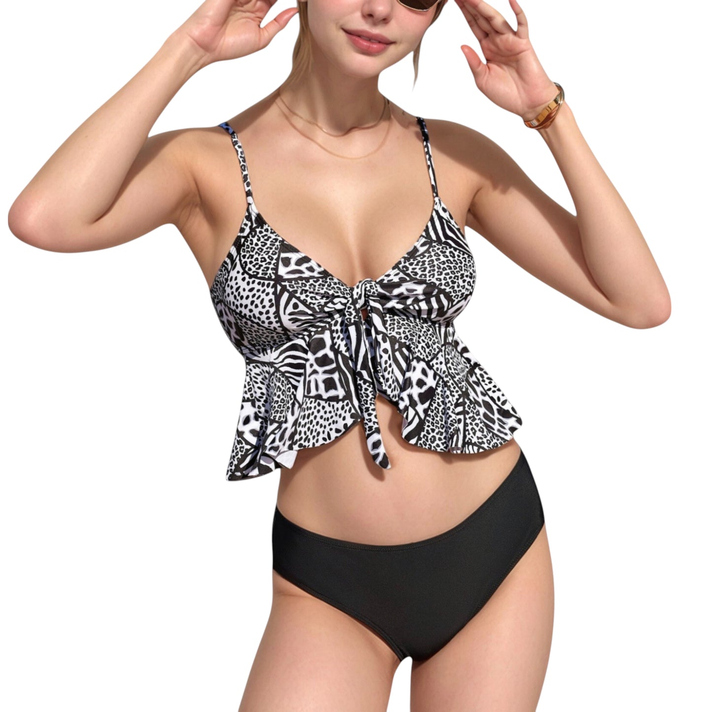 Ruffle Tankini Bikini Set with Tropical Leaf Print Bow Front Detail and Adjustable Straps for a Comfortable Fit