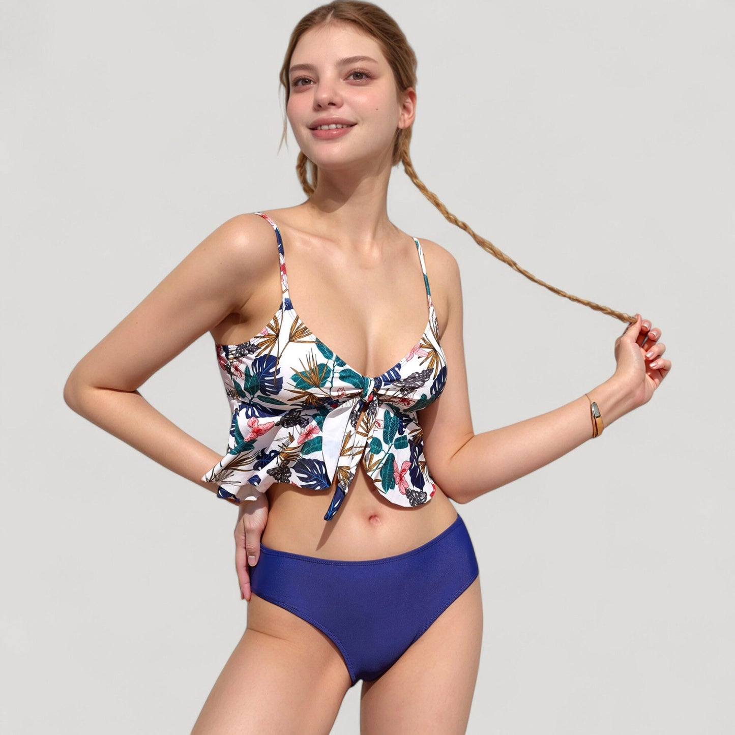 Ruffle Tankini Bikini Set with Tropical Leaf Print Bow Front Detail and Adjustable Straps for a Comfortable Fit