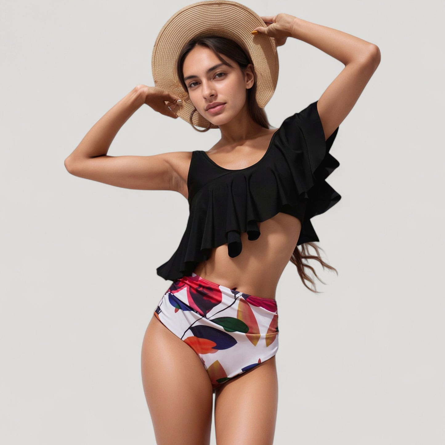 One Shoulder Ruffle Bikini Top with High Waist Abstract Print Bottom for a Bold and Flattering Swim Look