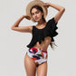 One Shoulder Ruffle Bikini Top with High Waist Abstract Print Bottom for a Bold and Flattering Swim Look