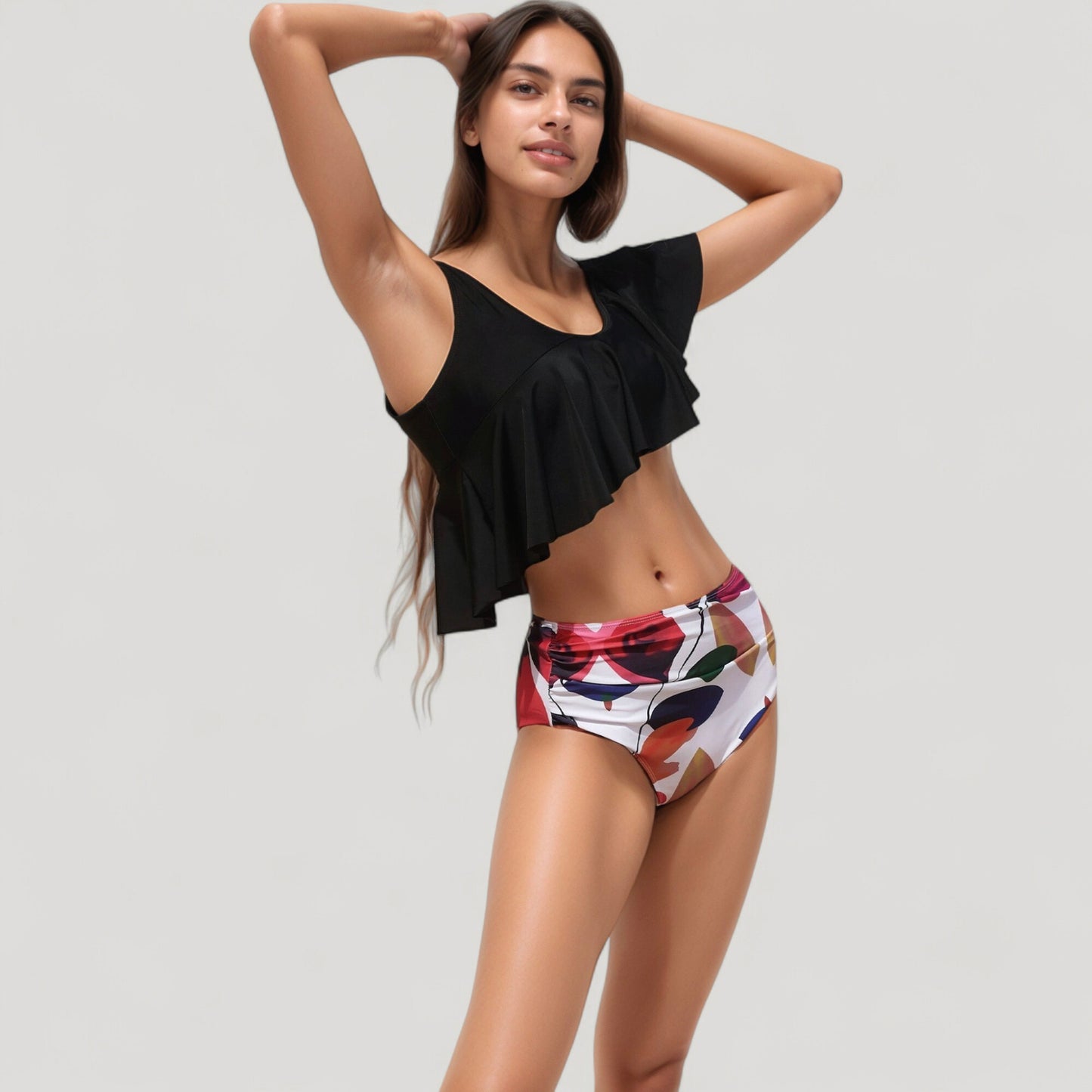 One Shoulder Ruffle Bikini Top with High Waist Abstract Print Bottom for a Bold and Flattering Swim Look