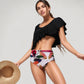 One Shoulder Ruffle Bikini Top with High Waist Abstract Print Bottom for a Bold and Flattering Swim Look