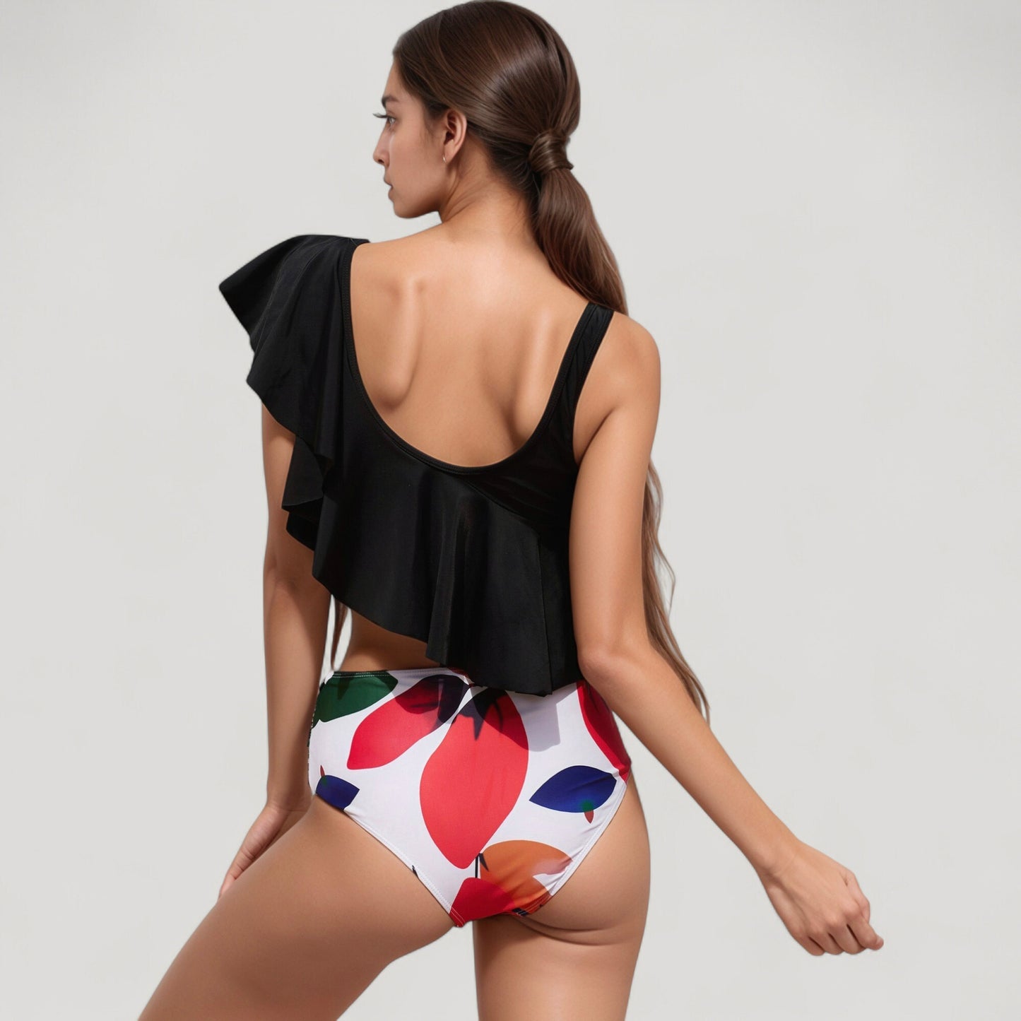 One Shoulder Ruffle Bikini Top with High Waist Abstract Print Bottom for a Bold and Flattering Swim Look