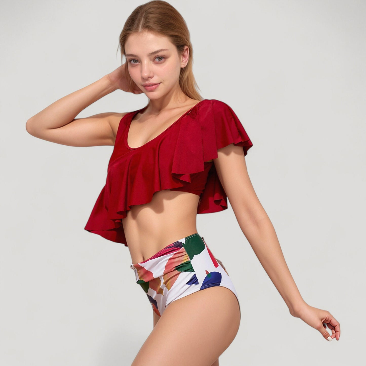 One Shoulder Ruffle Bikini Top with High Waist Abstract Print Bottom for a Bold and Flattering Swim Look