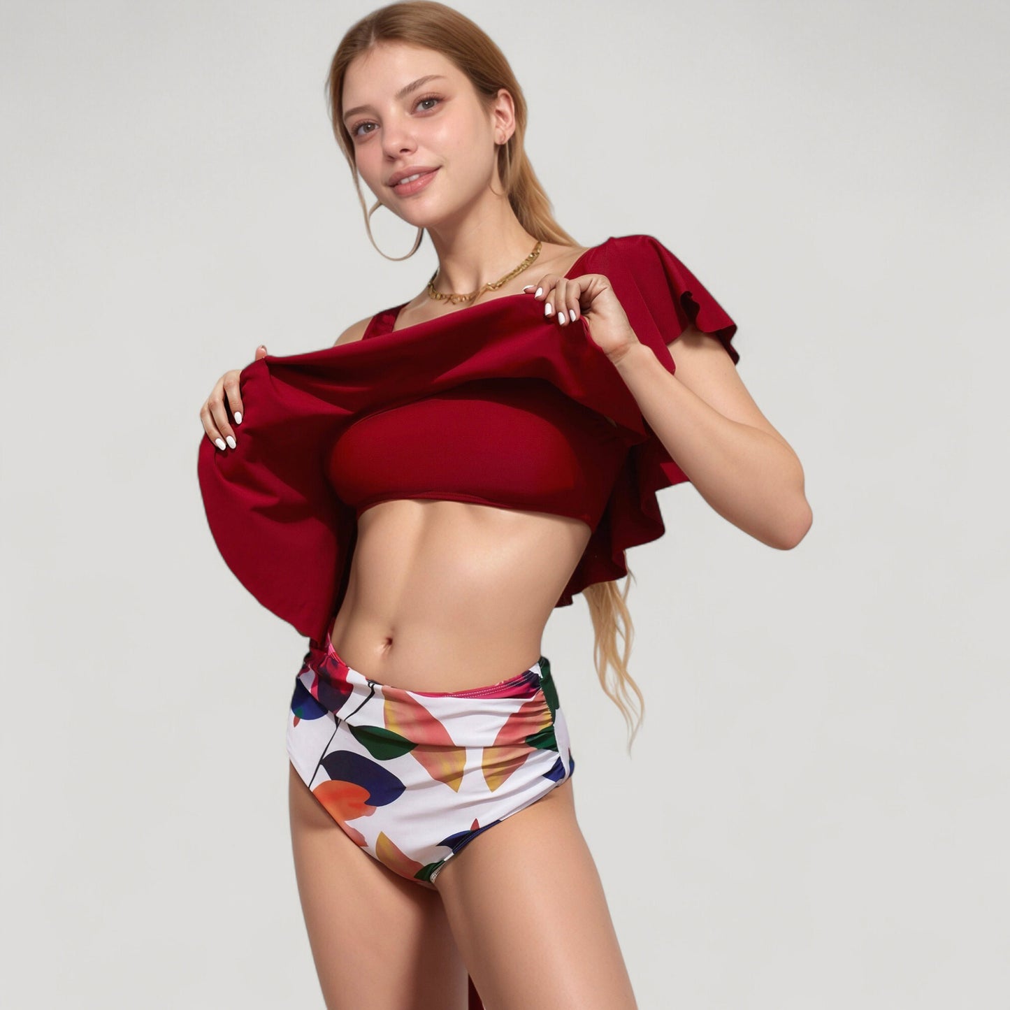 One Shoulder Ruffle Bikini Top with High Waist Abstract Print Bottom for a Bold and Flattering Swim Look