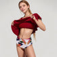 One Shoulder Ruffle Bikini Top with High Waist Abstract Print Bottom for a Bold and Flattering Swim Look
