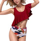 One Shoulder Ruffle Bikini Top with High Waist Abstract Print Bottom for a Bold and Flattering Swim Look