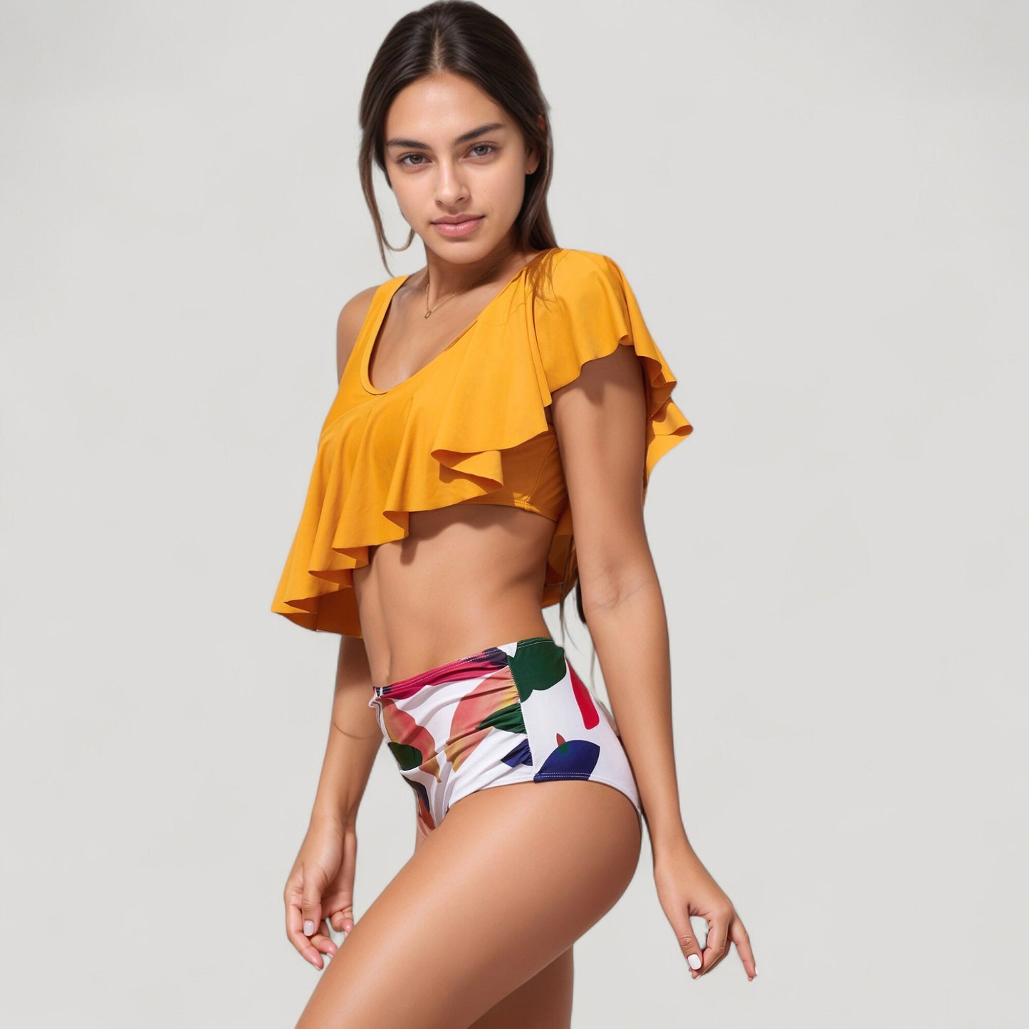 One Shoulder Ruffle Bikini Top with High Waist Abstract Print Bottom for a Bold and Flattering Swim Look