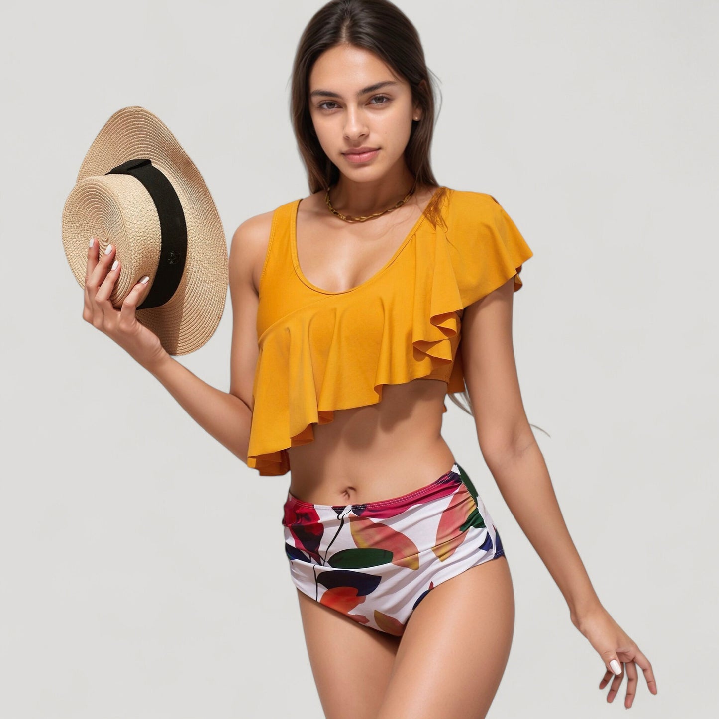 One Shoulder Ruffle Bikini Top with High Waist Abstract Print Bottom for a Bold and Flattering Swim Look