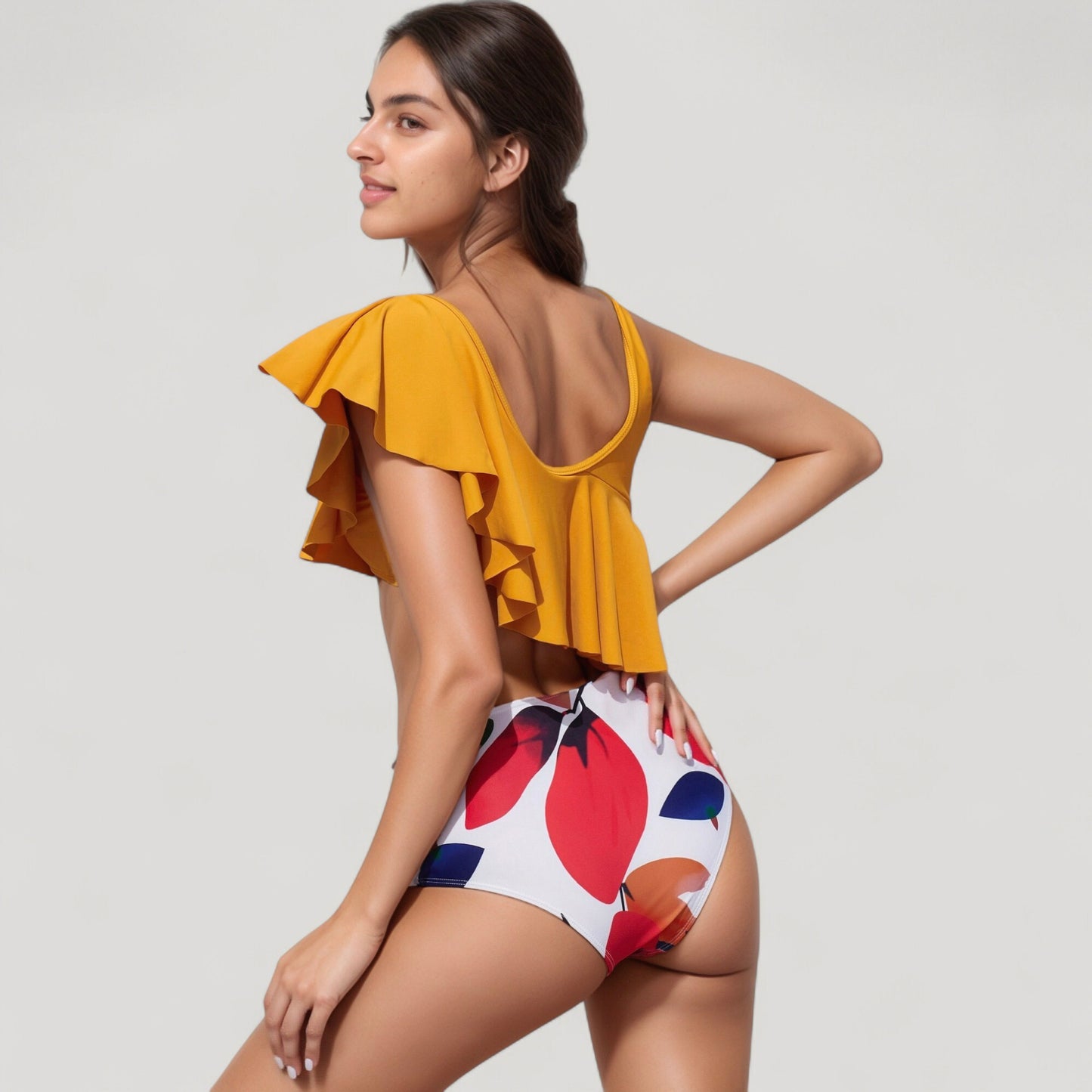 One Shoulder Ruffle Bikini Top with High Waist Abstract Print Bottom for a Bold and Flattering Swim Look