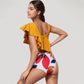 One Shoulder Ruffle Bikini Top with High Waist Abstract Print Bottom for a Bold and Flattering Swim Look