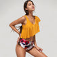 One Shoulder Ruffle Bikini Top with High Waist Abstract Print Bottom for a Bold and Flattering Swim Look