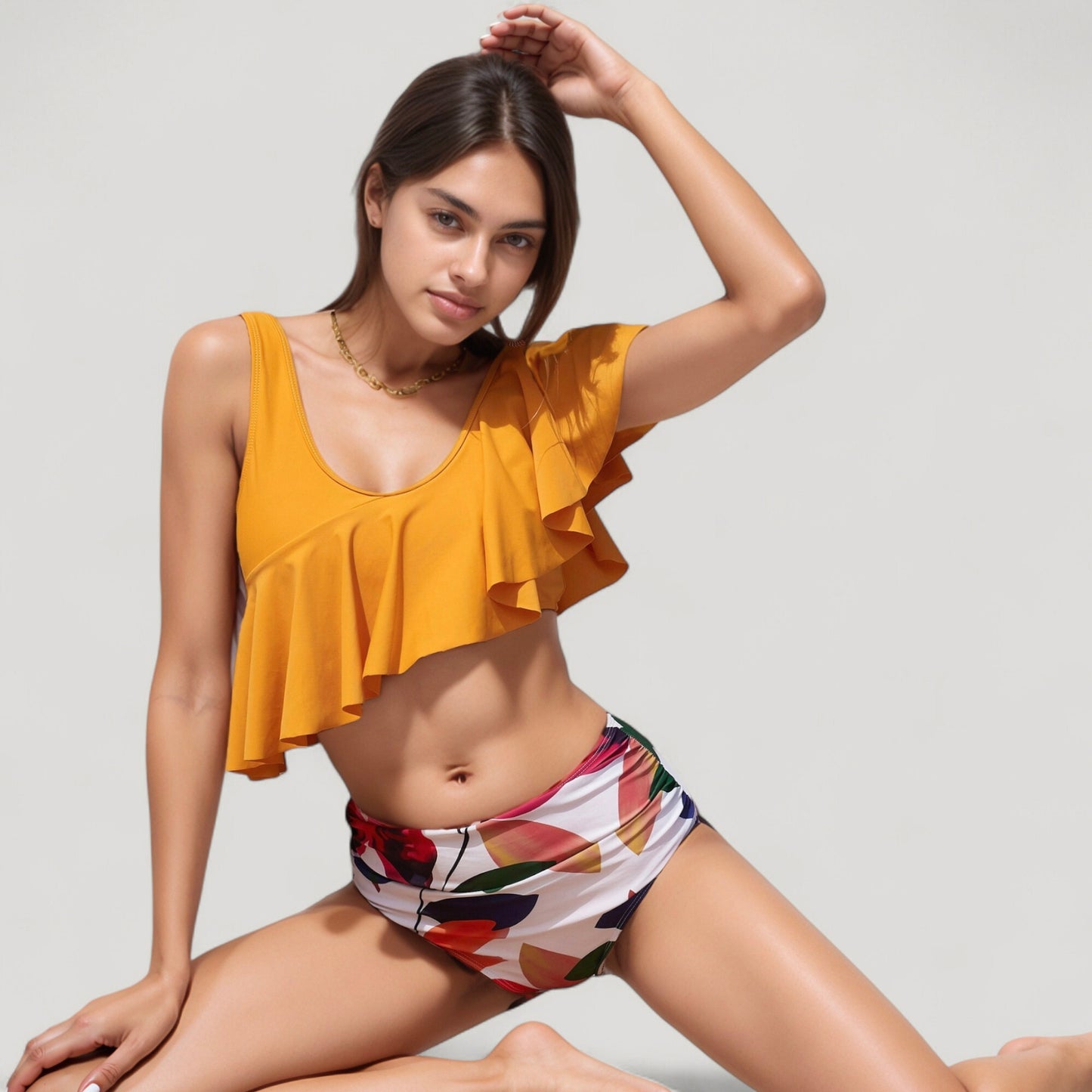 One Shoulder Ruffle Bikini Top with High Waist Abstract Print Bottom for a Bold and Flattering Swim Look