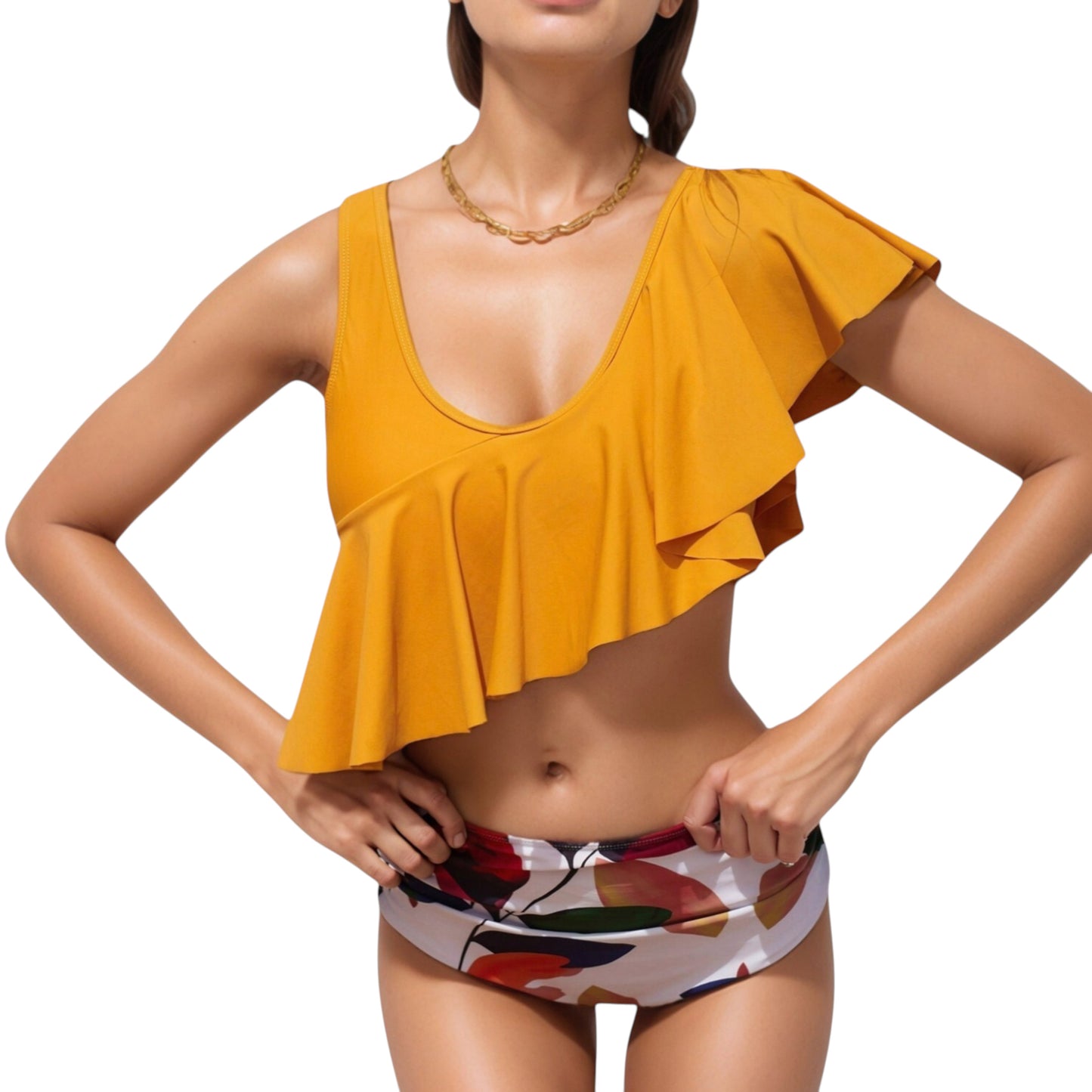 One Shoulder Ruffle Bikini Top with High Waist Abstract Print Bottom for a Bold and Flattering Swim Look