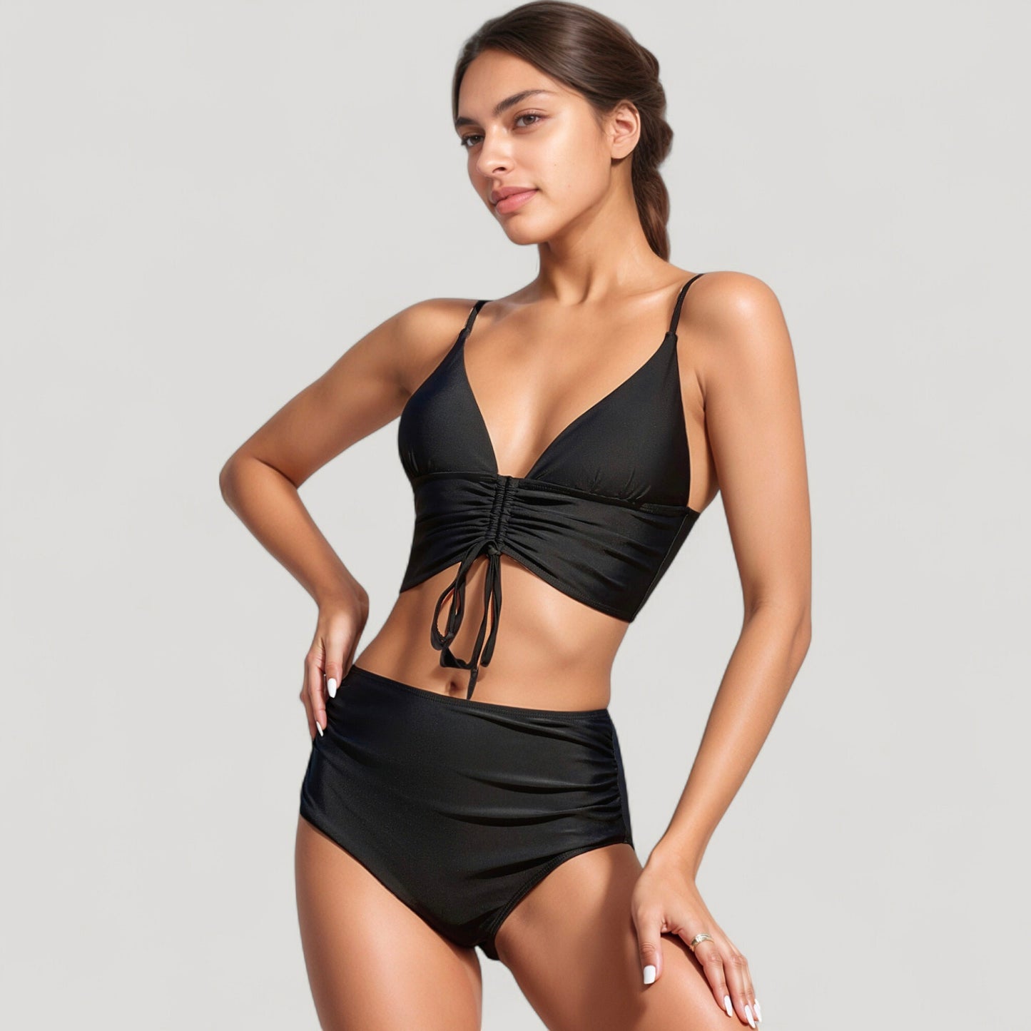 Adjustable Drawstring Bikini Top with High Waist Bottoms for a Sleek and Flattering Two-Piece Swim Set