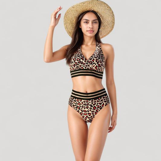 Leopard Print Bikini Set with Striped Elastic Halter Top and High Waist Bottoms for a Sporty Wild Look