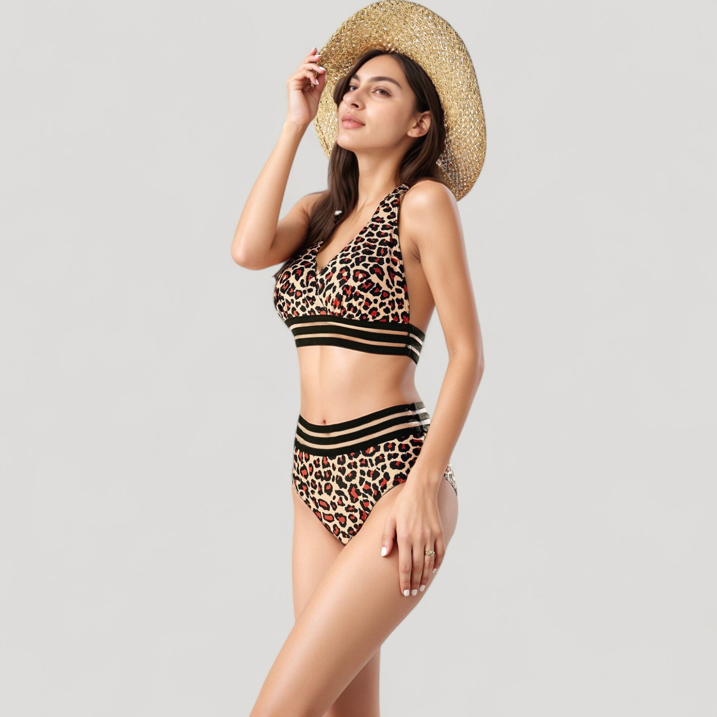 Leopard Print Bikini Set with Striped Elastic Halter Top and High Waist Bottoms for a Sporty Wild Look