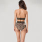 Leopard Print Bikini Set with Striped Elastic Halter Top and High Waist Bottoms for a Sporty Wild Look