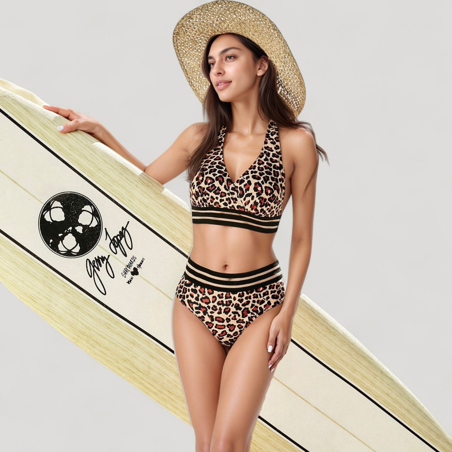 Leopard Print Bikini Set with Striped Elastic Halter Top and High Waist Bottoms for a Sporty Wild Look