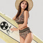 Leopard Print Bikini Set with Striped Elastic Halter Top and High Waist Bottoms for a Sporty Wild Look