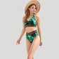 Leopard Print Bikini Set with Striped Elastic Halter Top and High Waist Bottoms for a Sporty Wild Look