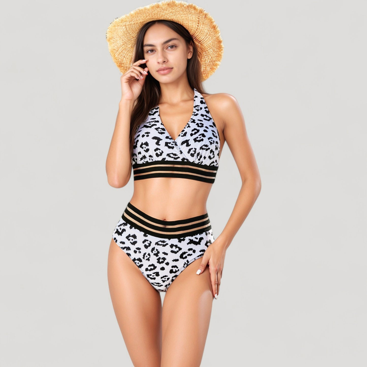 Leopard Print Bikini Set with Striped Elastic Halter Top and High Waist Bottoms for a Sporty Wild Look