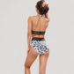 Leopard Print Bikini Set with Striped Elastic Halter Top and High Waist Bottoms for a Sporty Wild Look