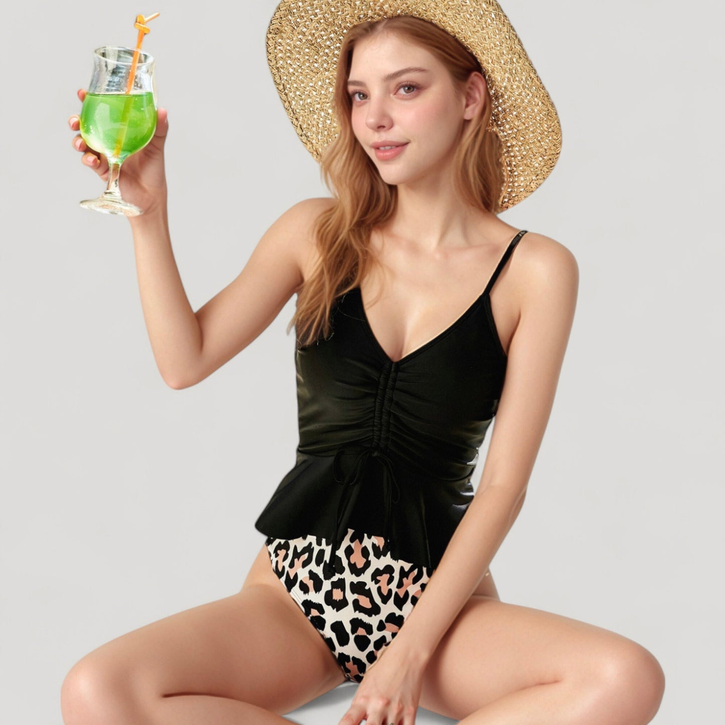 Ruched Tankini Top with Adjustable Drawstring and Leopard High Waist Bottoms for a Chic and Confident Swim Look