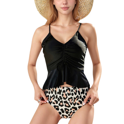 Ruched Tankini Top with Adjustable Drawstring and Leopard High Waist Bottoms for a Chic and Confident Swim Look