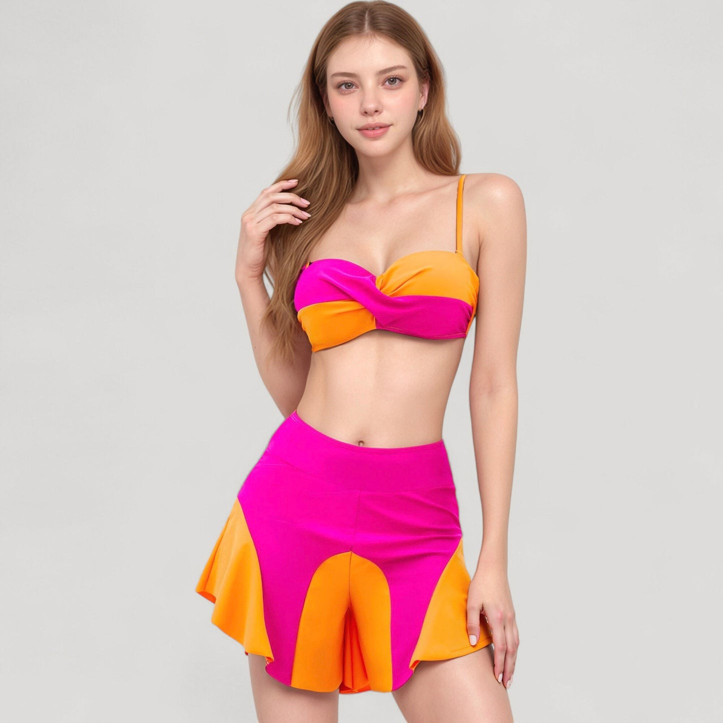 Colorblock Twist Bikini Top with Flared Swim Skirt Bottom for Playful and Sporty Beachwear Look