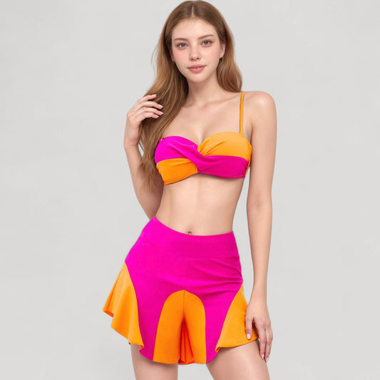 Colorblock Twist Bikini Top with Flared Swim Skirt Bottom for Playful and Sporty Beachwear Look