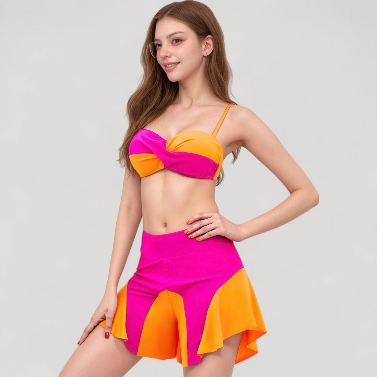 Colorblock Twist Bikini Top with Flared Swim Skirt Bottom for Playful and Sporty Beachwear Look