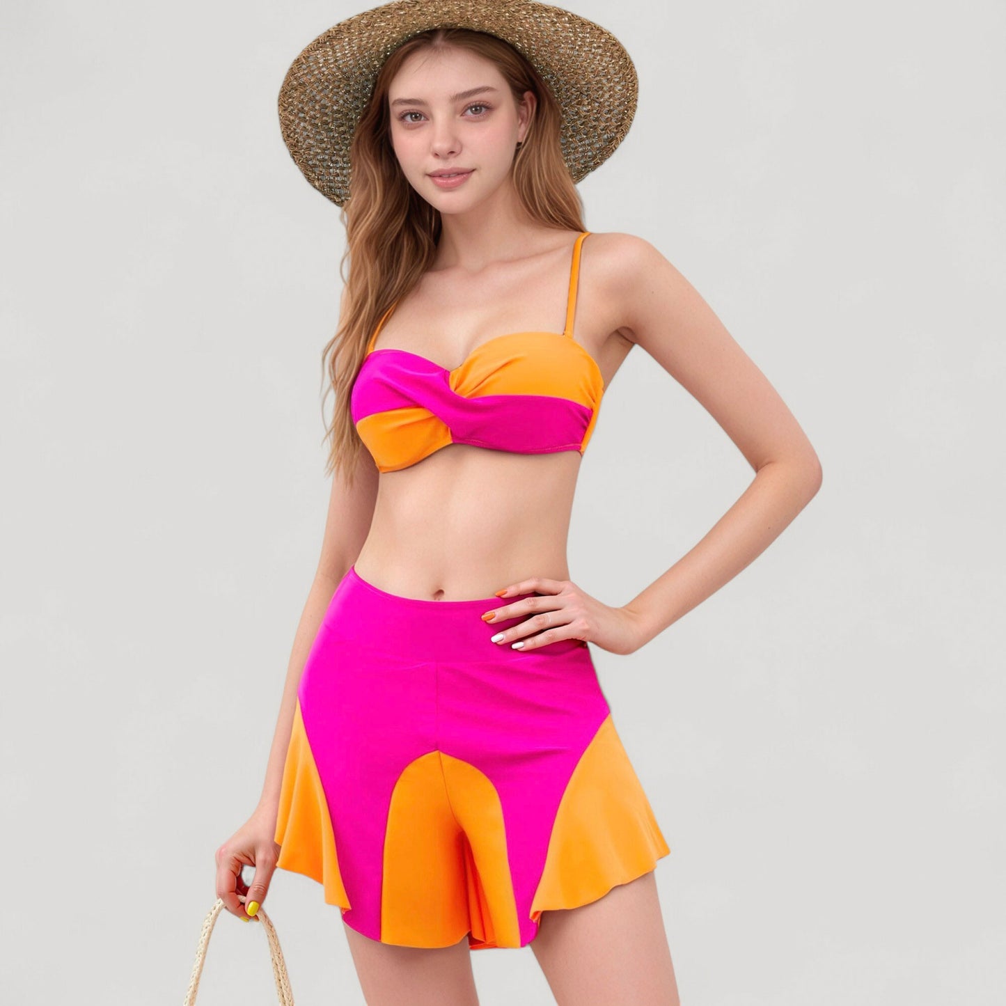 Colorblock Twist Bikini Top with Flared Swim Skirt Bottom for Playful and Sporty Beachwear Look