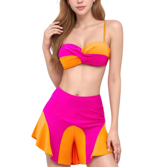 Colorblock Twist Bikini Top with Flared Swim Skirt Bottom for Playful and Sporty Beachwear Look