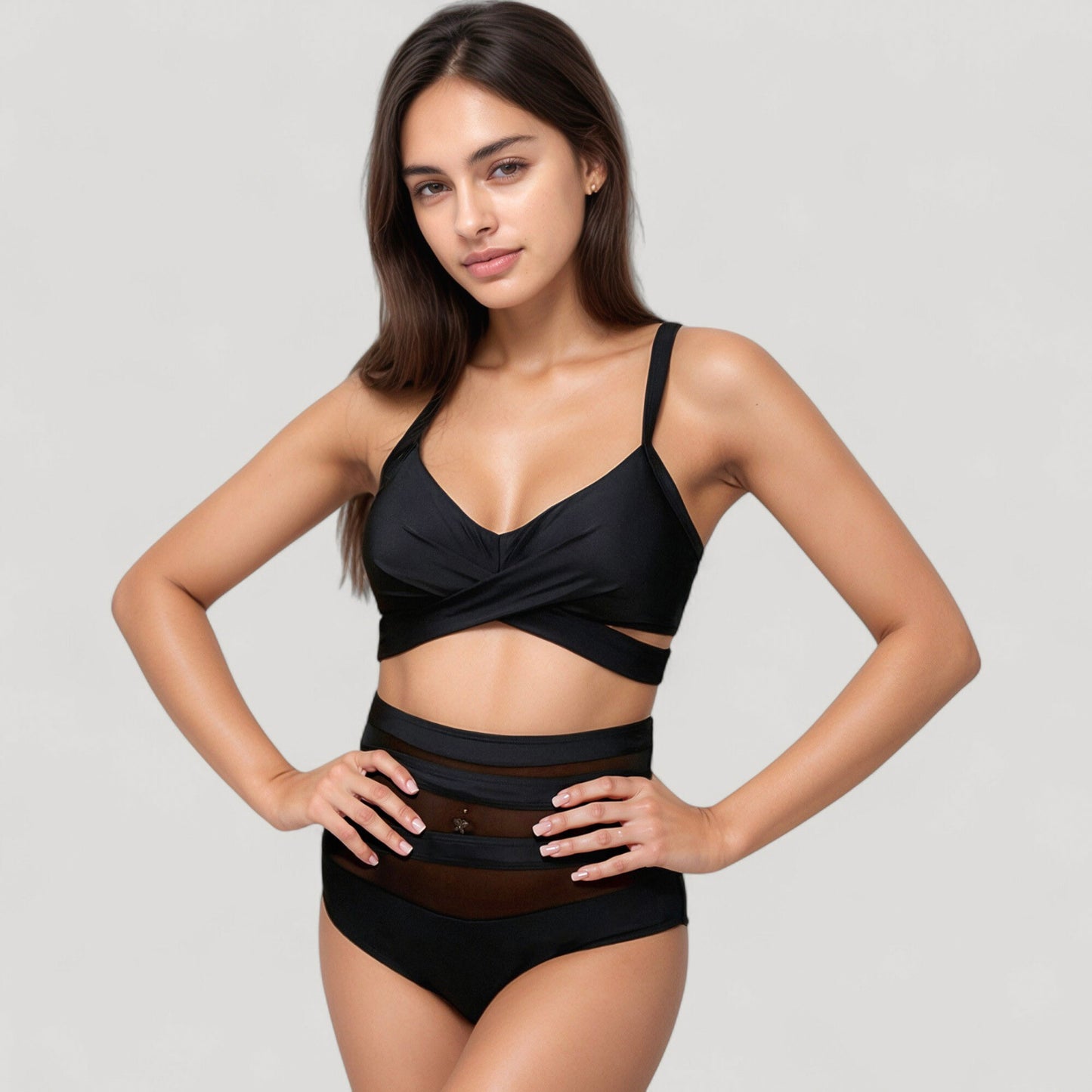 Wrap Bikini Top with Mesh High Waist Bottom for Sleek and Modern Two-Piece Swimsuit Look