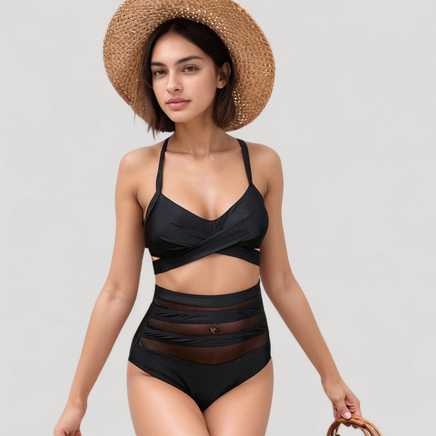 Wrap Bikini Top with Mesh High Waist Bottom for Sleek and Modern Two-Piece Swimsuit Look