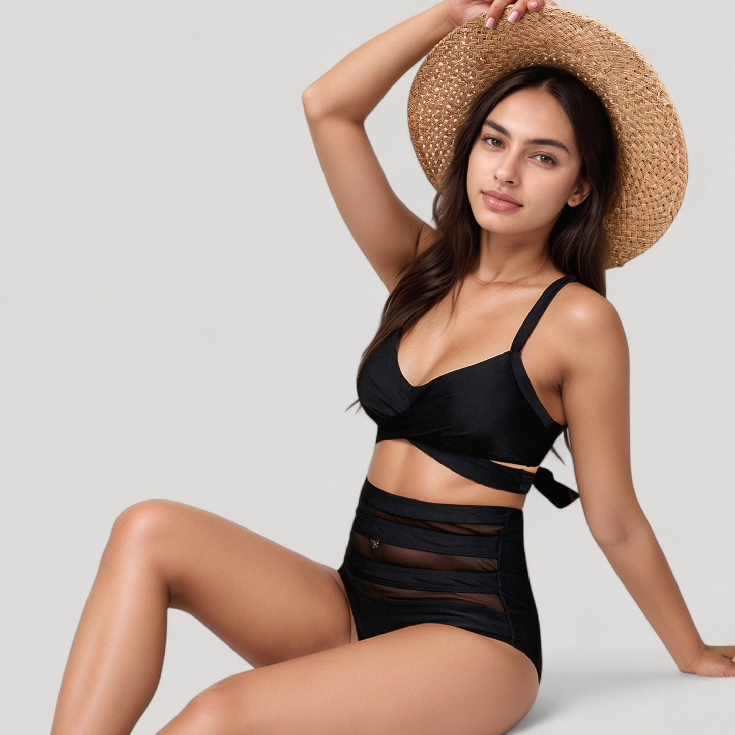 Wrap Bikini Top with Mesh High Waist Bottom for Sleek and Modern Two-Piece Swimsuit Look