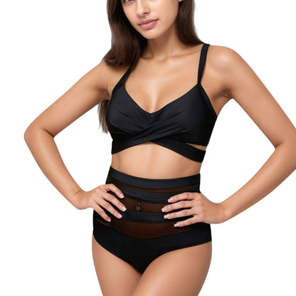 Wrap Bikini Top with Mesh High Waist Bottom for Sleek and Modern Two-Piece Swimsuit Look