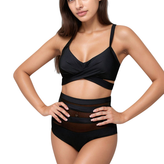 Wrap Bikini Top with Mesh High Waist Bottom for Sleek and Modern Two-Piece Swimsuit Look