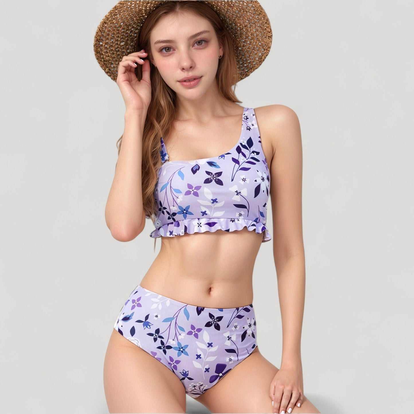 Floral Print Ruffle Trim Bikini Set with Scoop Neck Crop Top and High Waist Bottom
