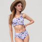 Floral Print Ruffle Trim Bikini Set with Scoop Neck Crop Top and High Waist Bottom