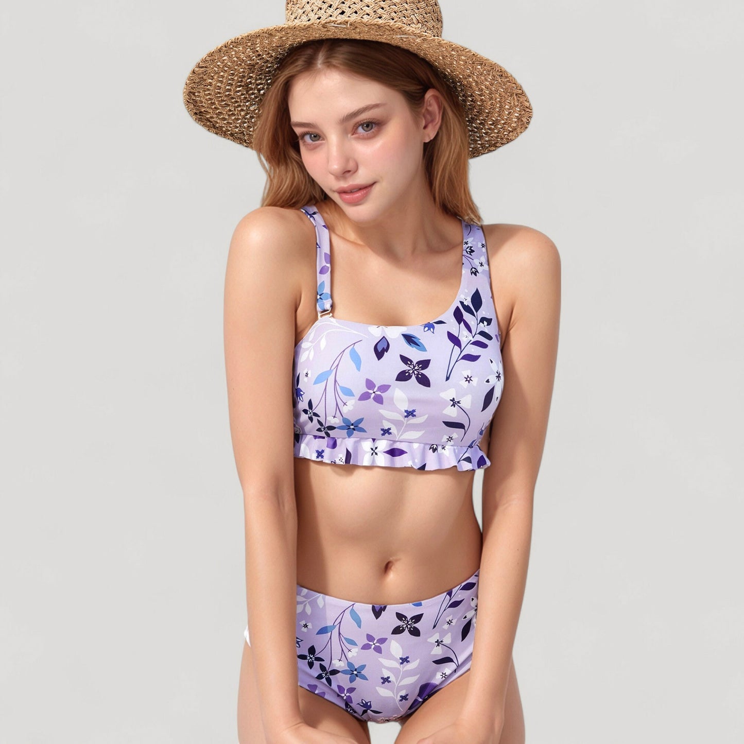 Floral Print Ruffle Trim Bikini Set with Scoop Neck Crop Top and High Waist Bottom