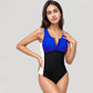 Colorblock One-Piece Swimsuit with Front Zipper Detail and Scoop Neck Design