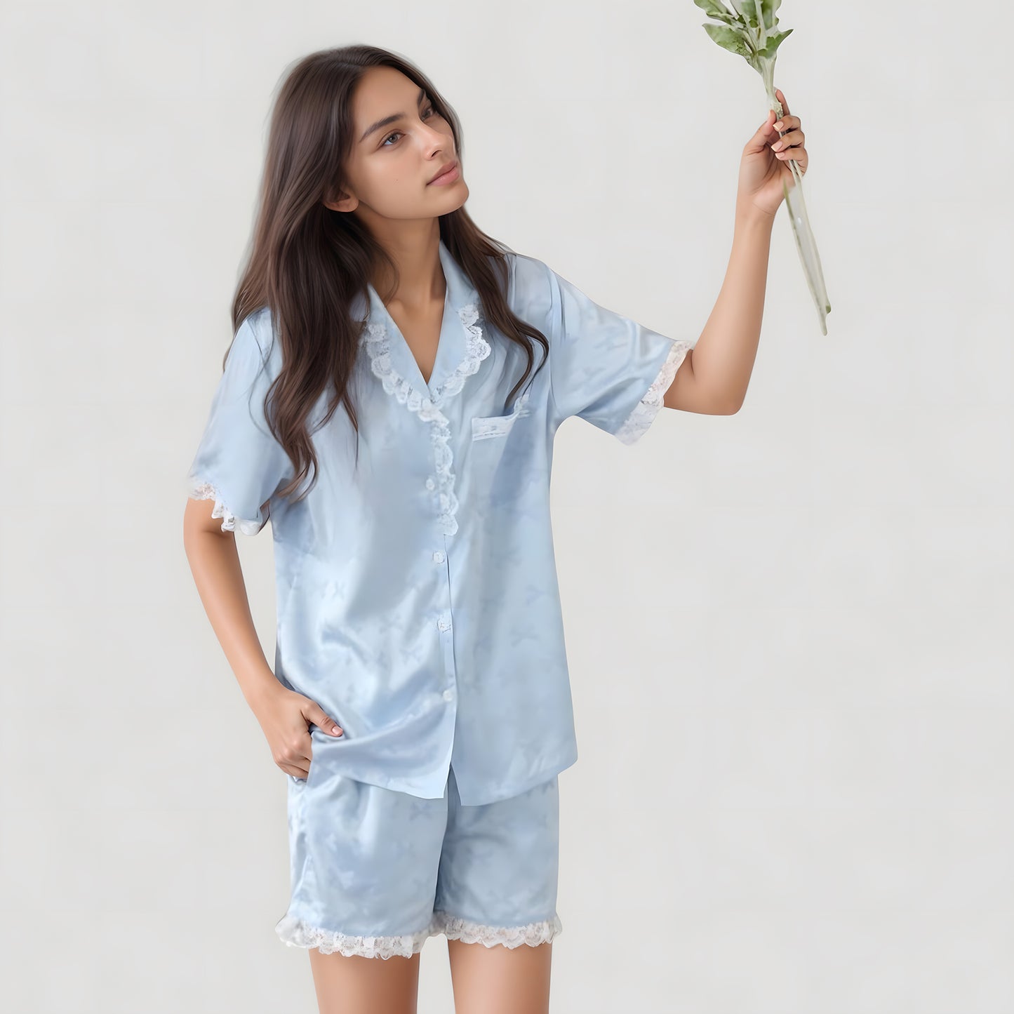 Short Sleeve Satin Pajama Set with Button Down Top Elastic Waist Shorts and Lace Trim Detail