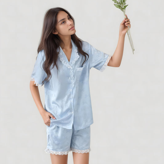 Short Sleeve Satin Pajama Set with Button Down Top Elastic Waist Shorts and Lace Trim Detail