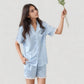 Short Sleeve Satin Pajama Set with Button Down Top Elastic Waist Shorts and Lace Trim Detail