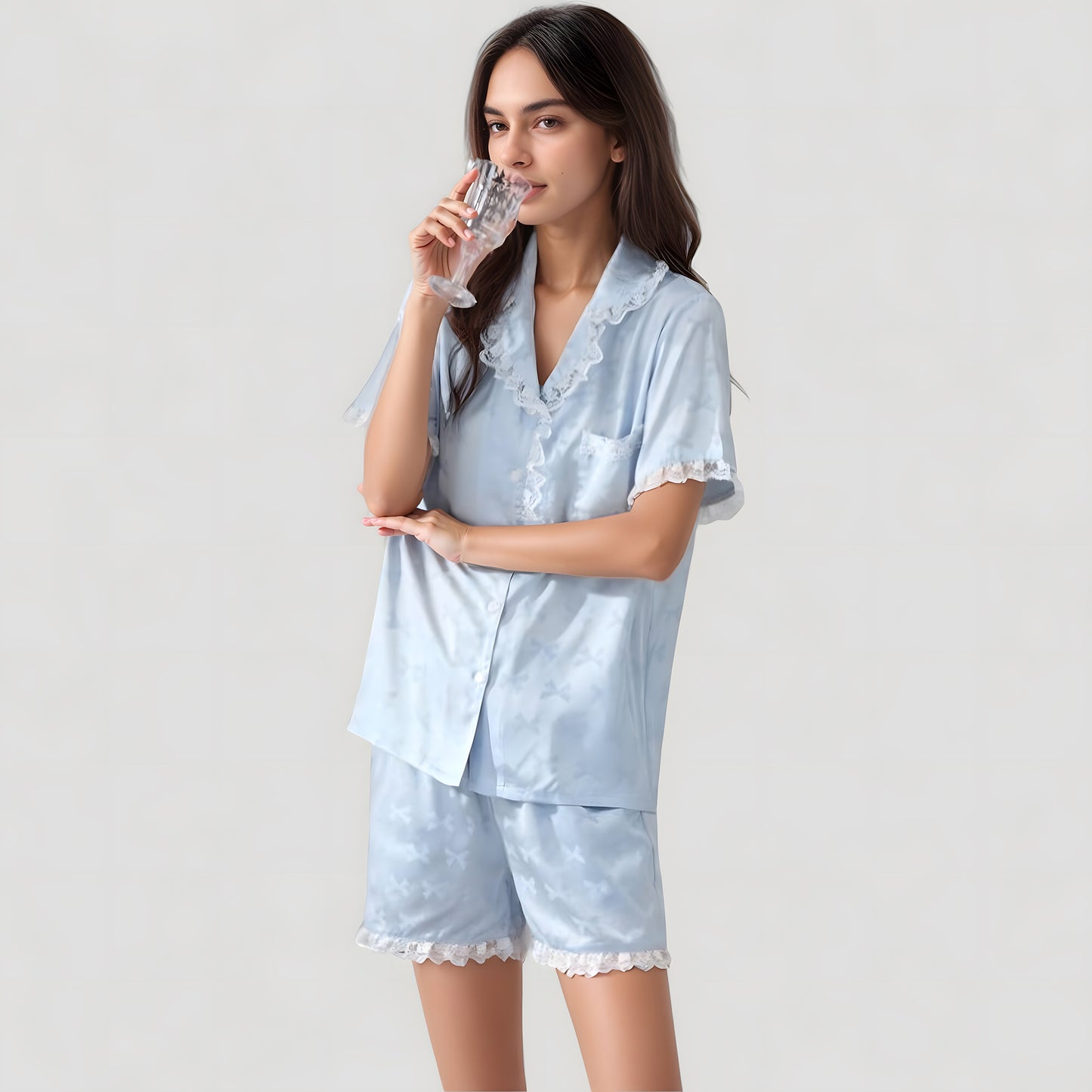 Short Sleeve Satin Pajama Set with Button Down Top Elastic Waist Shorts and Lace Trim Detail