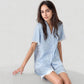 Short Sleeve Satin Pajama Set with Button Down Top Elastic Waist Shorts and Lace Trim Detail