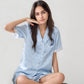 Short Sleeve Satin Pajama Set with Button Down Top Elastic Waist Shorts and Lace Trim Detail